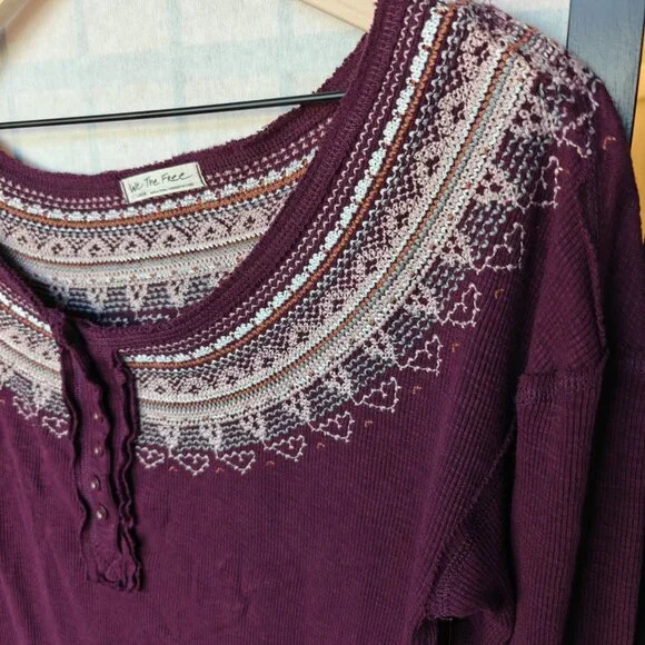 Free People Fair Isle Burgundy Purple Embroidered Thermal Top With Thumbholes - Picture 4 of 13